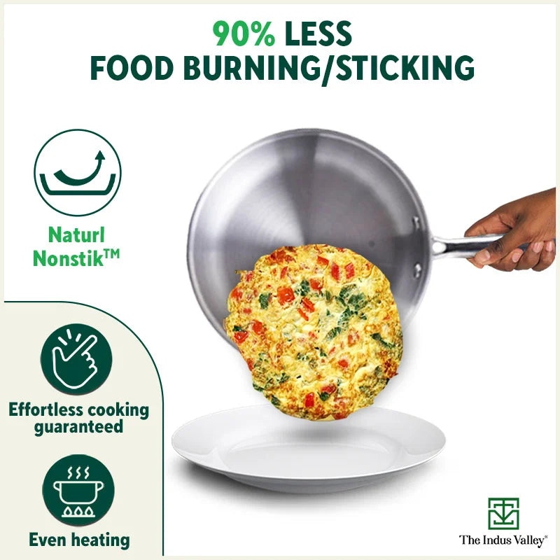 The Indus Valley TurboCuk Tri-ply Stainless Steel Fry Pan, Premium Quality, 3 Layer Thick Body, 100% Toxin-free, Non-stick, Induction & Gas,Spatula, 22/24/26 cm, 1.5/1.7/1.9L
