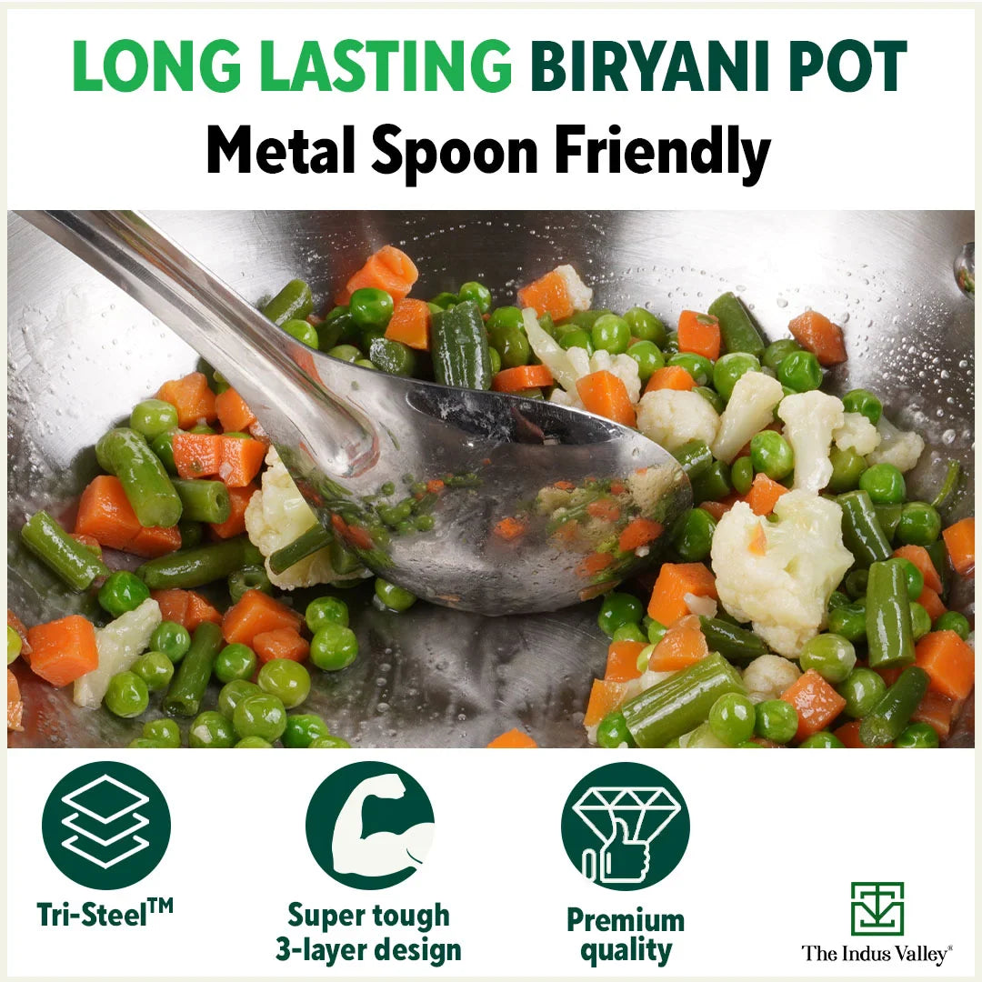 The Indus Valley TurboCuk Tri-ply Stainless Steel Biryani Cooking Pot/Casserole, Premium Quality, 3 Layer Thick Body, Cool Silicone Handles, 100% Toxin-free, Non-stick, Induction & Gas, Spatula, 2.9L - Distacart