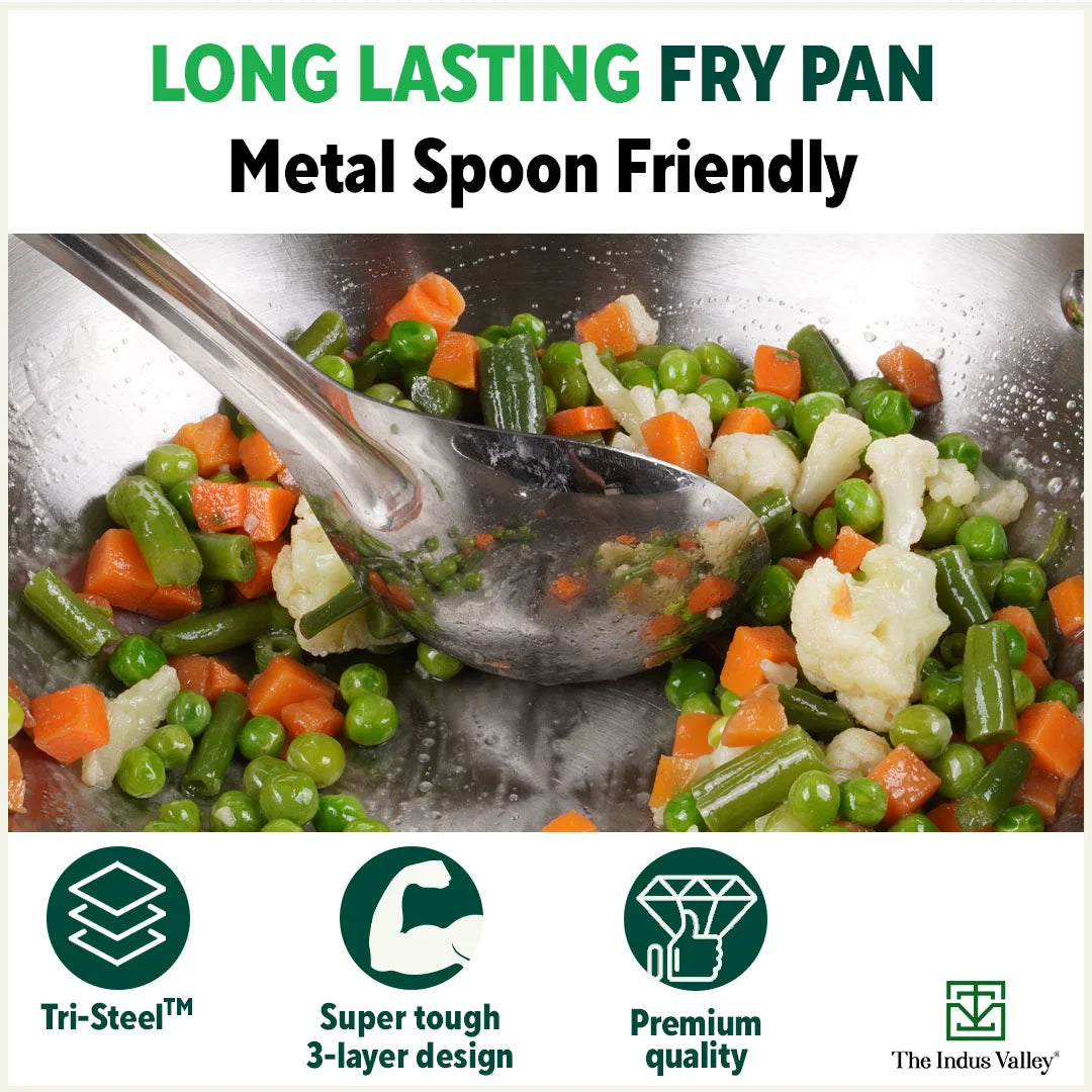 The Indus Valley TurboCuk Tri-ply Stainless Steel Fry Pan, Premium Quality, 3 Layer Thick Body, 100% Toxin-free, Non-stick, Induction & Gas,Spatula, 22/24/26 cm, 1.5/1.7/1.9L