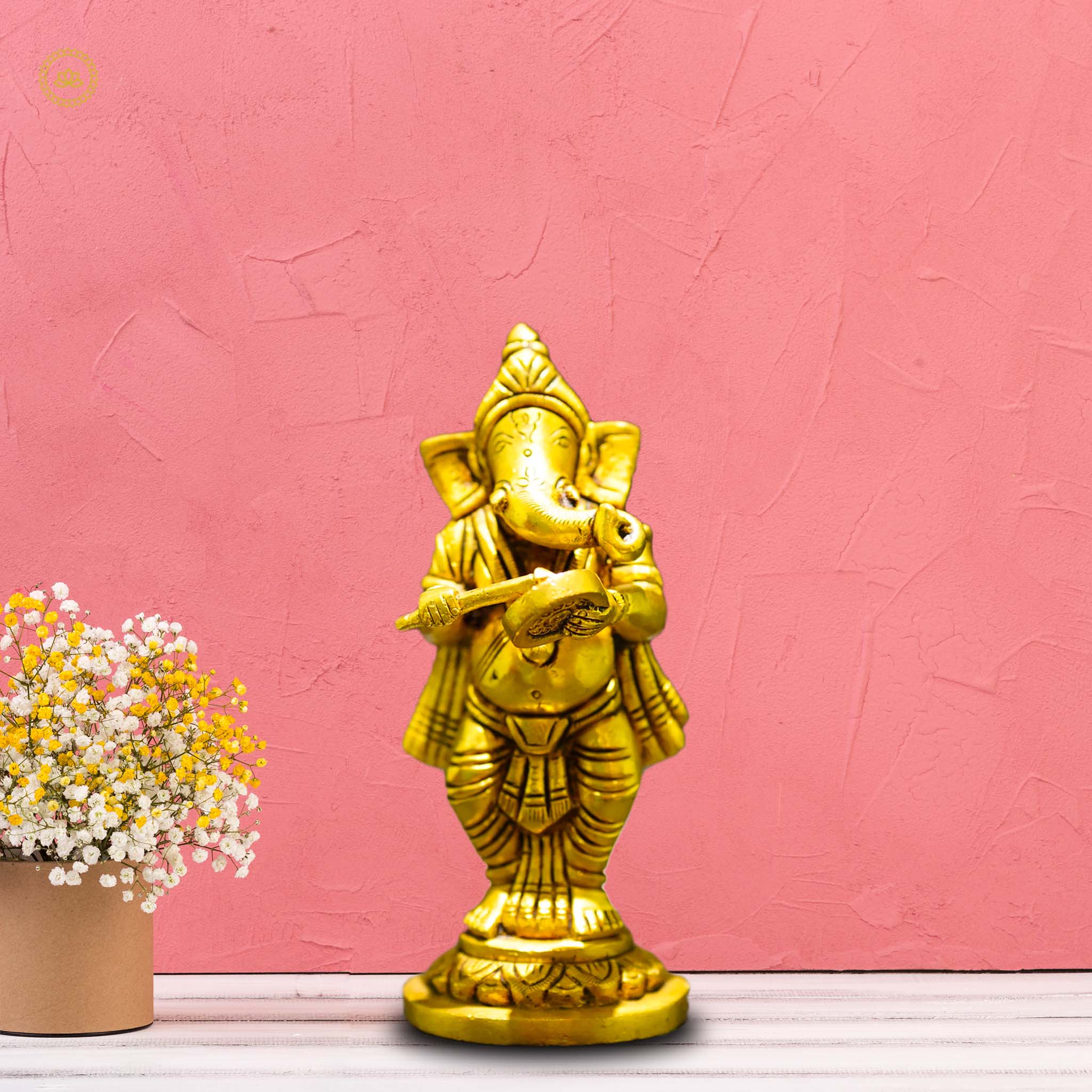 Ganesha Playing Gong Bell Brass Idol - Embrace Prosperity and Joy in Your Home - Distacart