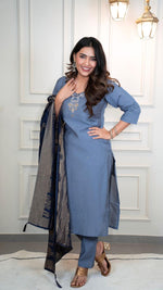 Thumbnail for Lorenvalley Fashion Steelblue Roman Silk Hand Work Kurta Pant with Dupatta