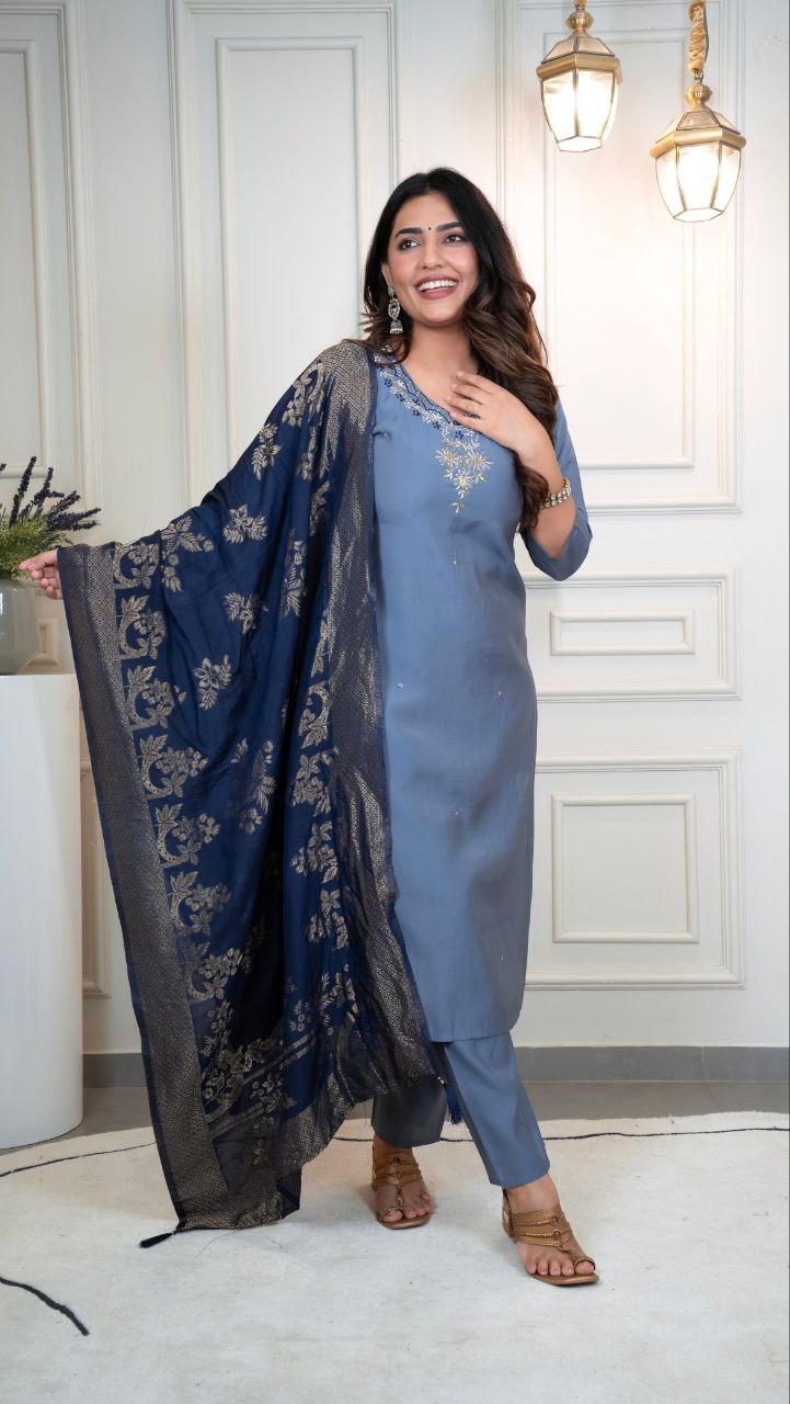 Lorenvalley Fashion Steelblue Roman Silk Hand Work Kurta Pant with Dupatta