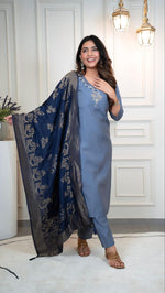 Thumbnail for Lorenvalley Fashion Steelblue Roman Silk Hand Work Kurta Pant with Dupatta