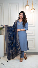 Thumbnail for Lorenvalley Fashion Steelblue Roman Silk Hand Work Kurta Pant with Dupatta