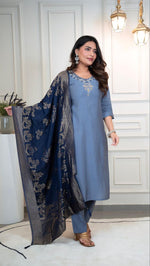 Thumbnail for Lorenvalley Fashion Steelblue Roman Silk Hand Work Kurta Pant with Dupatta