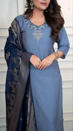 Thumbnail for Lorenvalley Fashion Steelblue Roman Silk Hand Work Kurta Pant with Dupatta