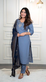 Thumbnail for Lorenvalley Fashion Steelblue Roman Silk Hand Work Kurta Pant with Dupatta