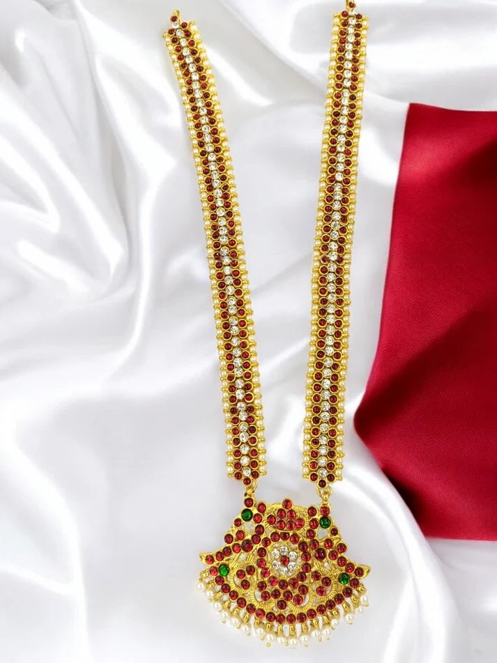 Elite Trading Handcrafted Long Haar for Bharatanatyam – Red White Stone Necklace/Bharatanatyam Kemp Long Necklace for Girls and Women - Distacart