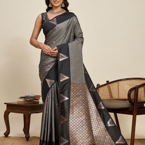 Vedant Vastram Soft Litchi Silk Banarasi Silk Jacquard Saree - Black - Dista