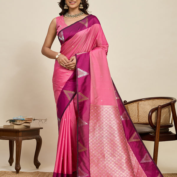 Vedant Vastram Soft Litchi Silk Banarasi Silk Jacquard Saree - Pink - Dista