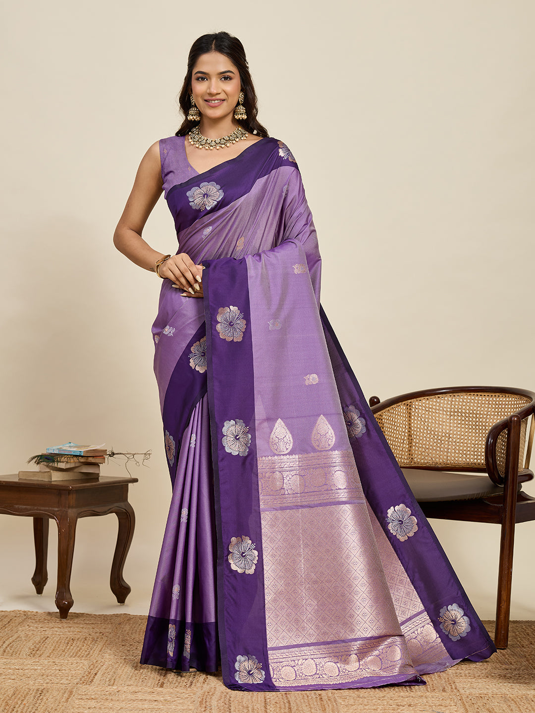 Vedant Vastram Soft Litchi Silk Banarasi Silk Jacquard Saree - Lavender - Dista