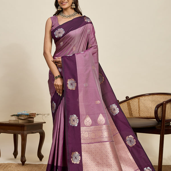 Vedant Vastram Soft Litchi Silk Banarasi Silk Jacquard Saree - Wine