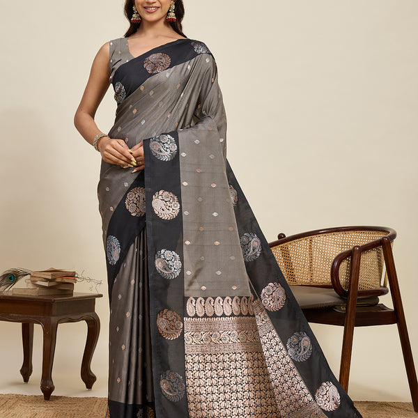 Vedant Vastram Soft Litchi Silk Banarasi Silk Jacquard Saree - Black