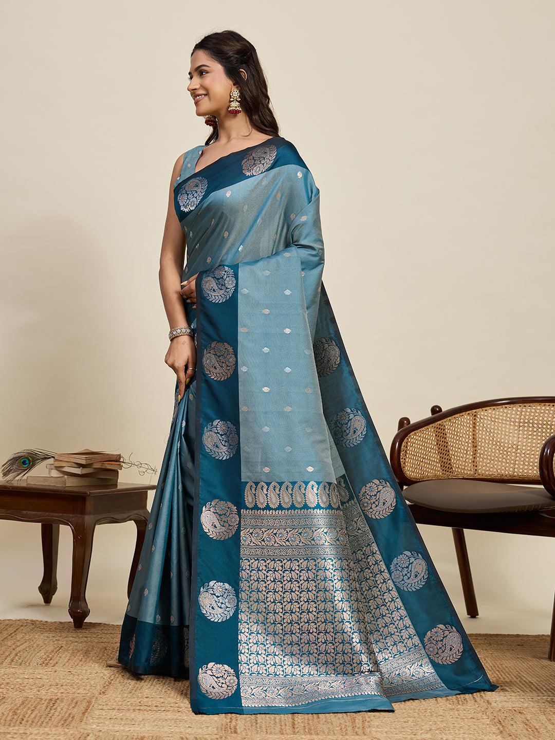 Vedant Vastram Soft Litchi Silk Banarasi Silk Jacquard Saree - Rama