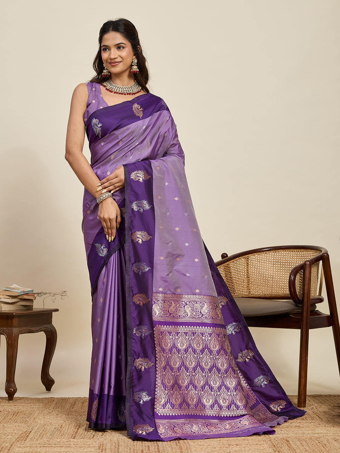 Vedant Vastram Soft Litchi Silk Banarasi Silk Jacquard Saree - Lavender - Dista
