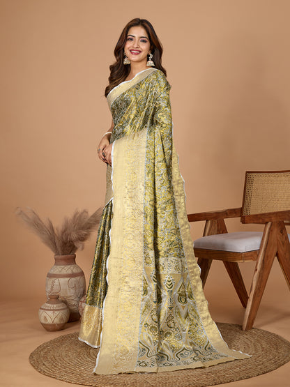 Vedant Vastram Soft Litchi Silk Kanjeevaram Silk Jacquard Saree - Green - Dista