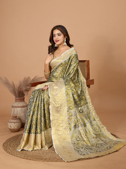 Vedant Vastram Soft Litchi Silk Kanjeevaram Silk Jacquard Saree - Green - Dista