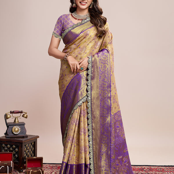 Vedant Vastram Soft Litchi Silk Kanjeevaram Silk Saree - Cream - Distacart