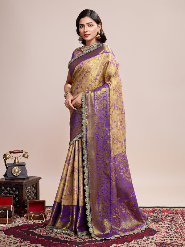 Vedant Vastram Soft Litchi Silk Kanjeevaram Silk Saree - Cream - Distacart