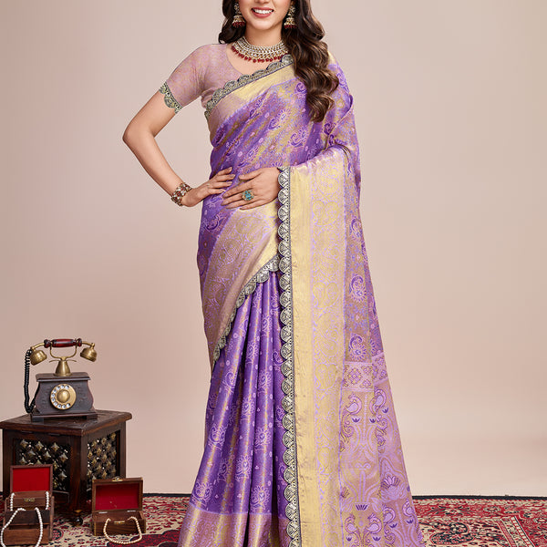 Vedant Vastram Soft Litchi Silk Kanjeevaram Silk Saree - Lavender - Distacart