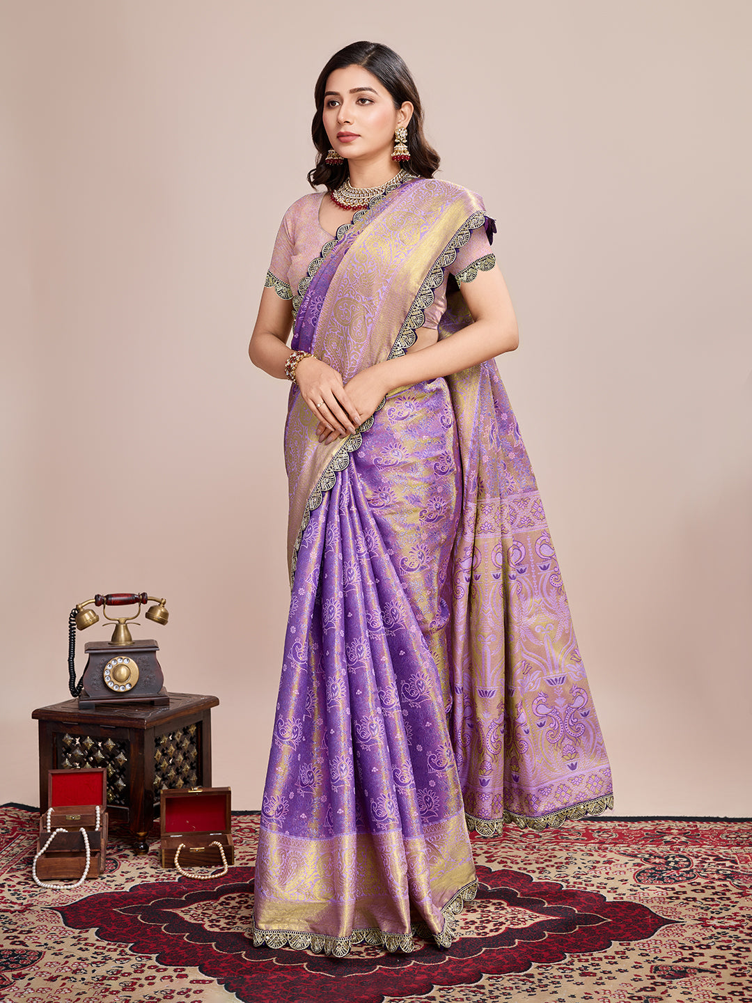 Vedant Vastram Soft Litchi Silk Kanjeevaram Silk Saree - Lavender - Distacart