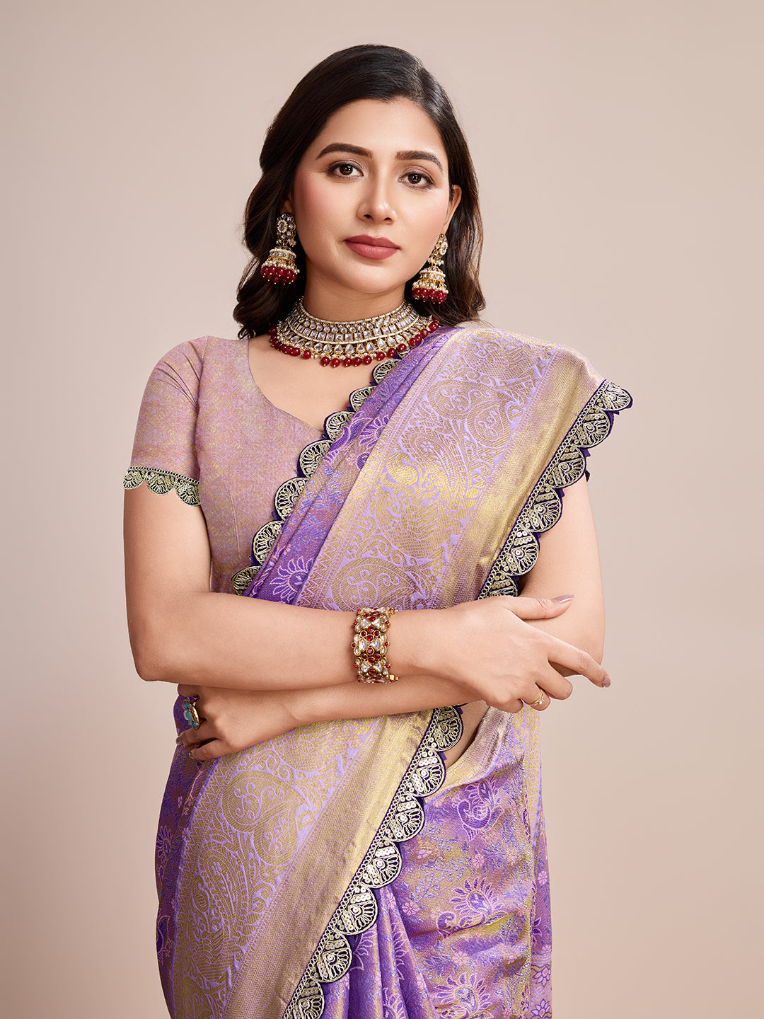 Vedant Vastram Soft Litchi Silk Kanjeevaram Silk Saree - Lavender - Distacart