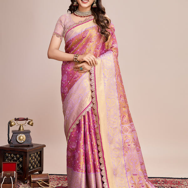 Vedant Vastram Soft Litchi Silk Kanjeevaram Silk Saree - Pink - Distacart