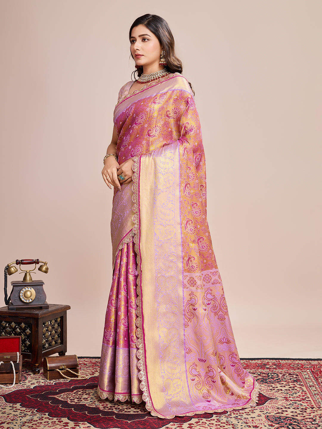 Vedant Vastram Soft Litchi Silk Kanjeevaram Silk Saree - Pink - Distacart