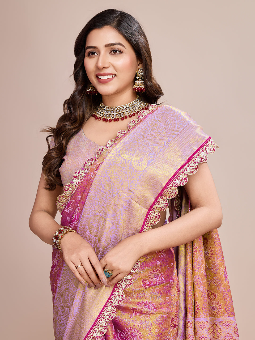 Vedant Vastram Soft Litchi Silk Kanjeevaram Silk Saree - Pink - Distacart