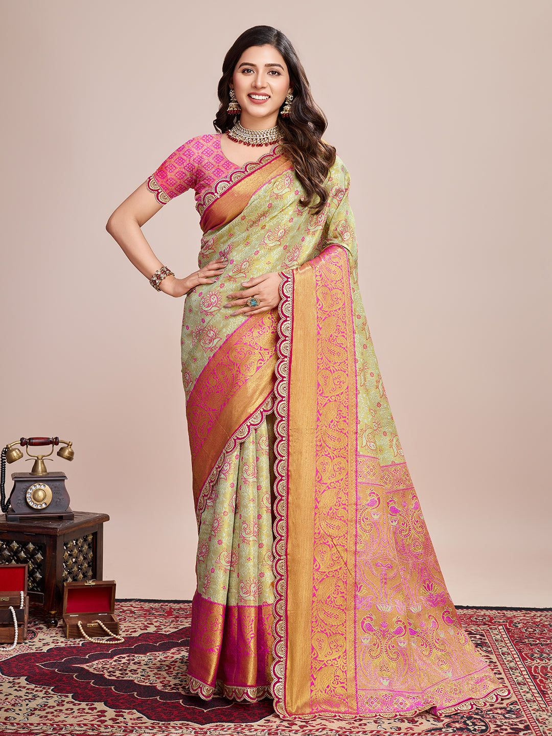 Vedant Vastram Soft Litchi Silk Kanjeevaram Silk Saree - Pista - Distacart
