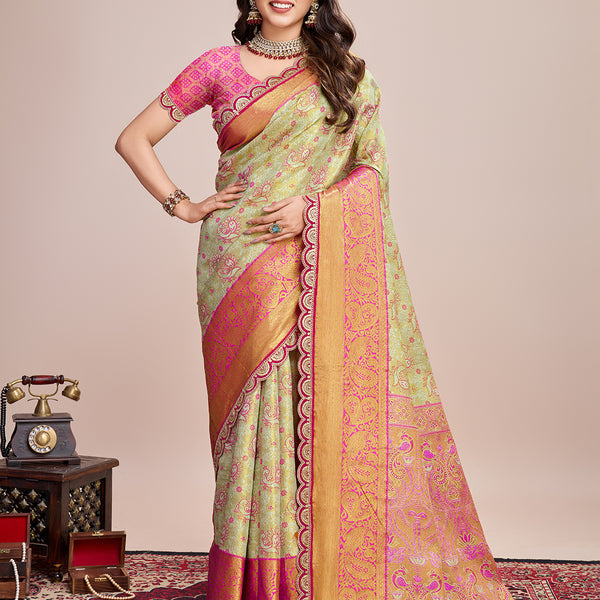 Vedant Vastram Soft Litchi Silk Kanjeevaram Silk Saree - Pista - Distacart