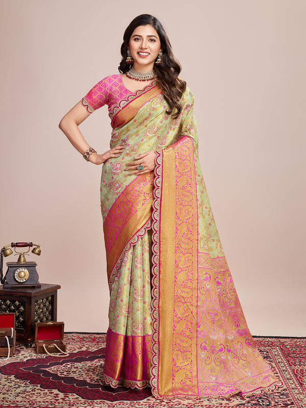 Vedant Vastram Soft Litchi Silk Kanjeevaram Silk Saree - Pista - Distacart