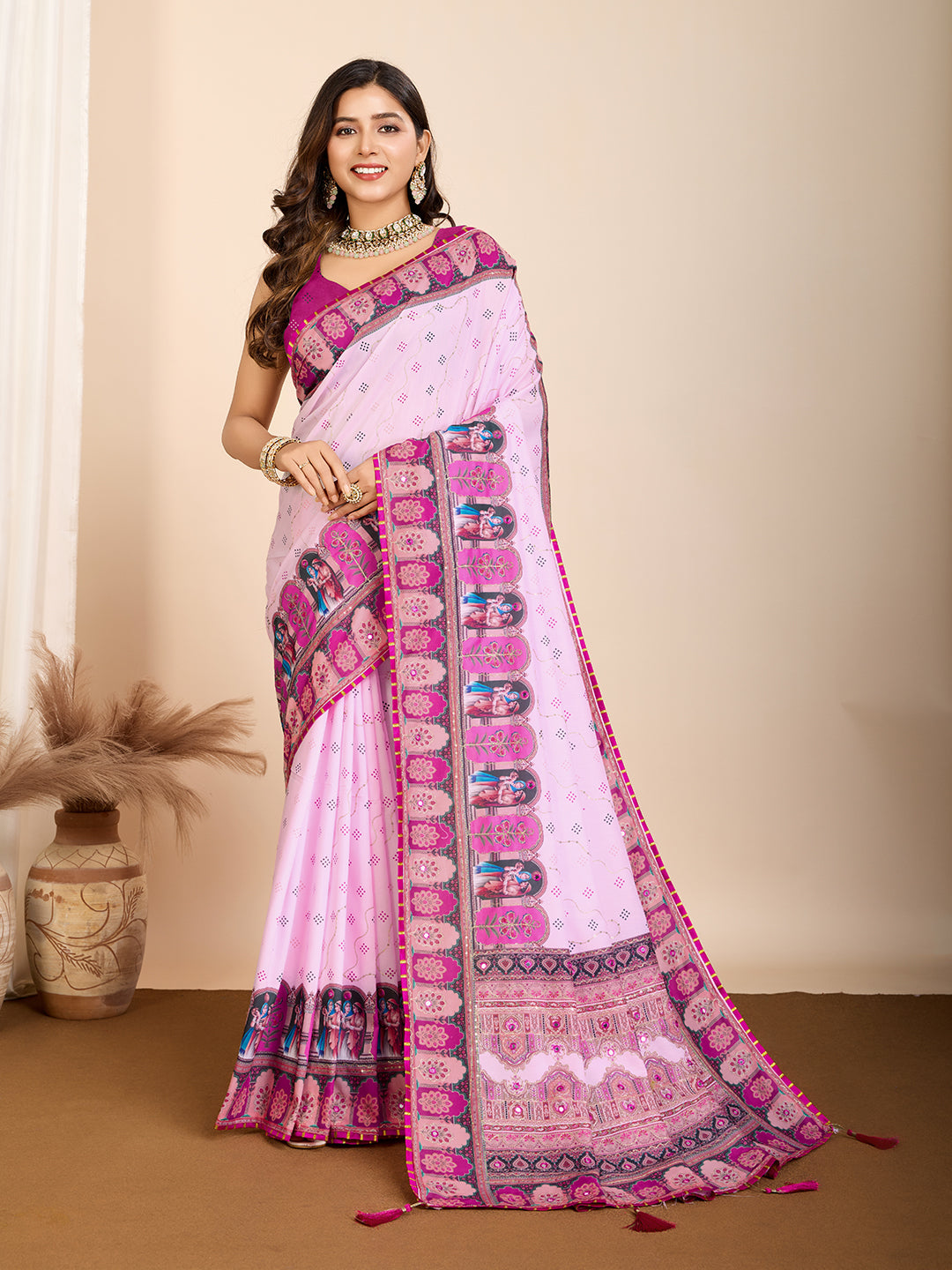 Vedant Vastram Maslin Cotton Digital Printed & Embroidered Work Saree - Baby Pink - Distacart