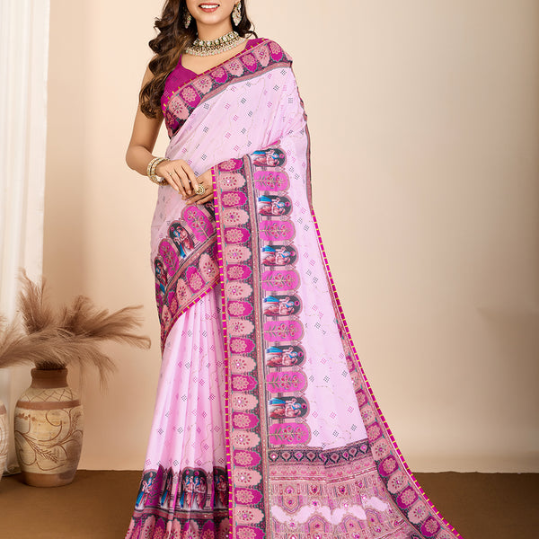 Vedant Vastram Maslin Cotton Digital Printed & Embroidered Work Saree - Baby Pink - Distacart