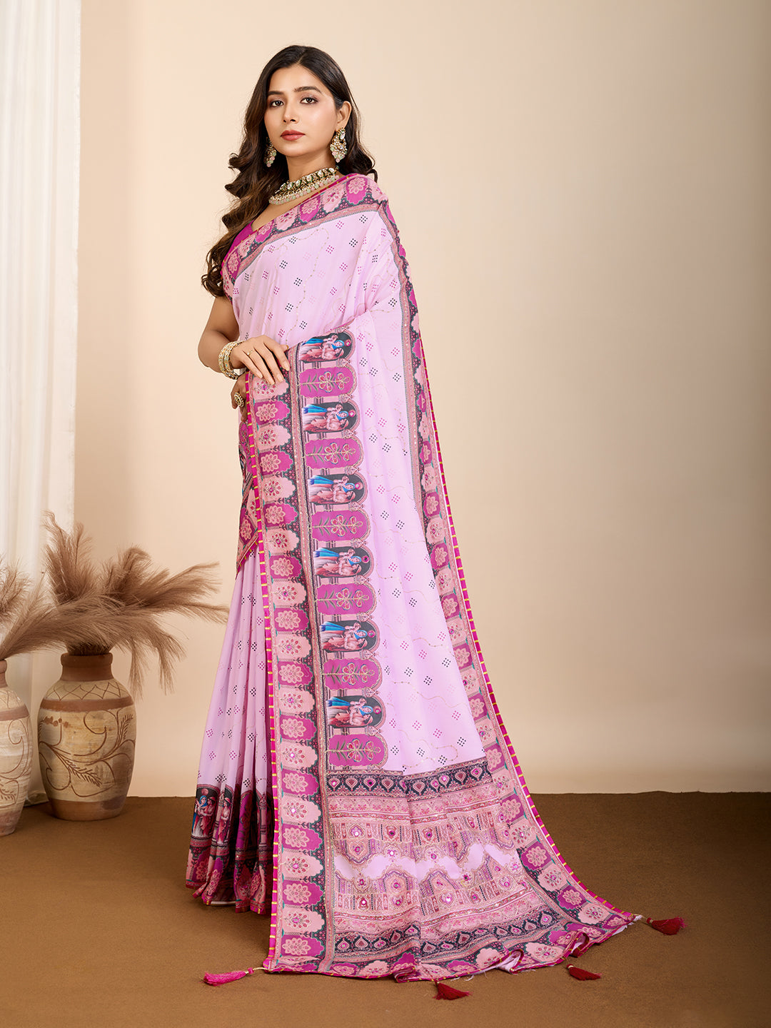 Vedant Vastram Maslin Cotton Digital Printed & Embroidered Work Saree - Baby Pink - Distacart