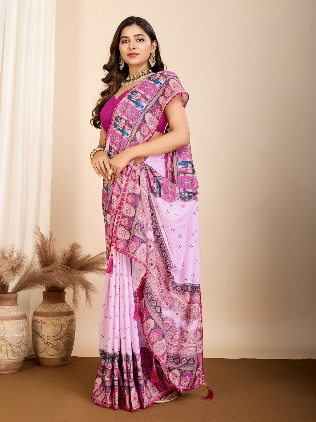 Vedant Vastram Maslin Cotton Digital Printed & Embroidered Work Saree - Baby Pink - Distacart