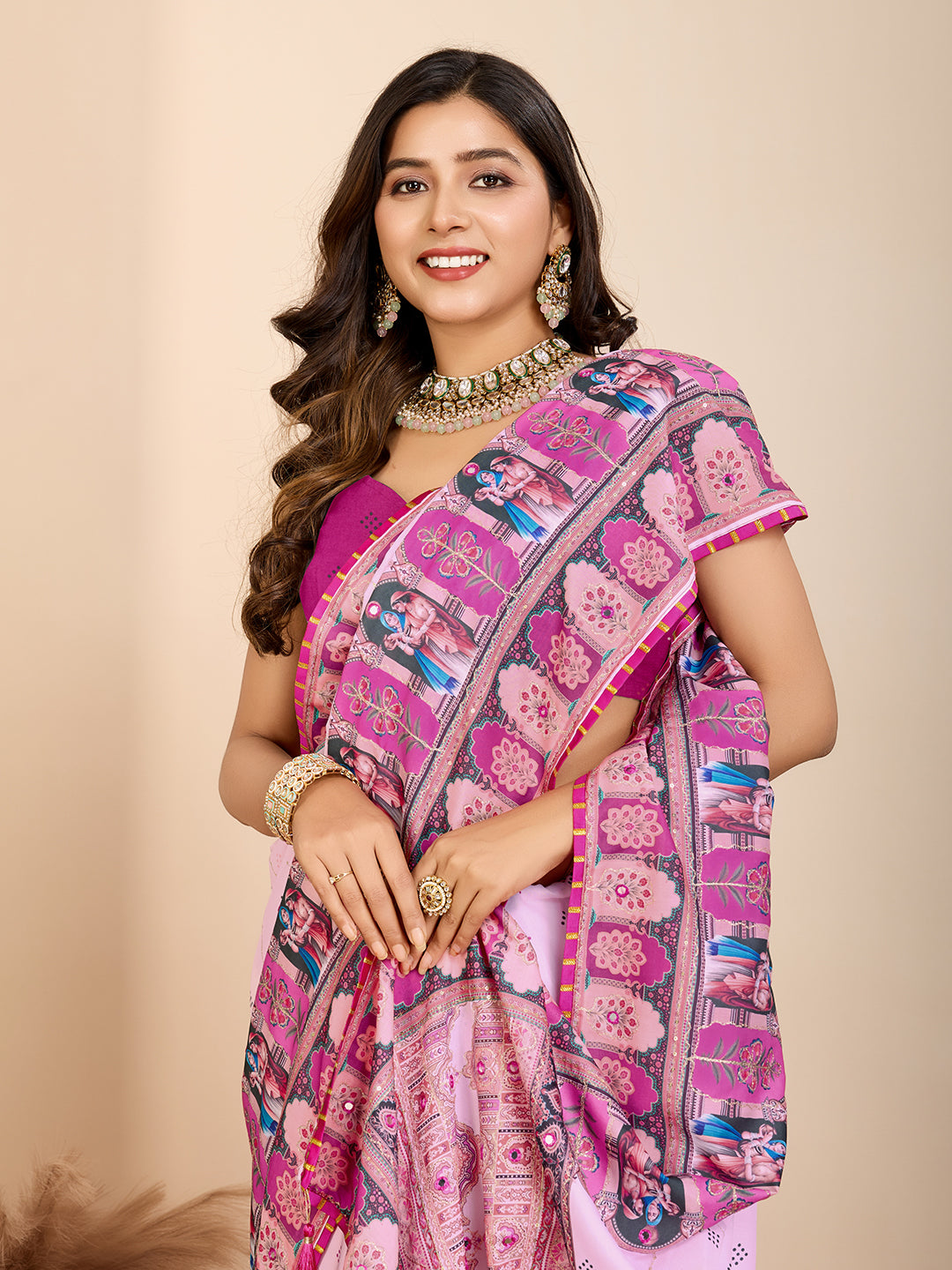 Vedant Vastram Maslin Cotton Digital Printed & Embroidered Work Saree - Baby Pink - Distacart