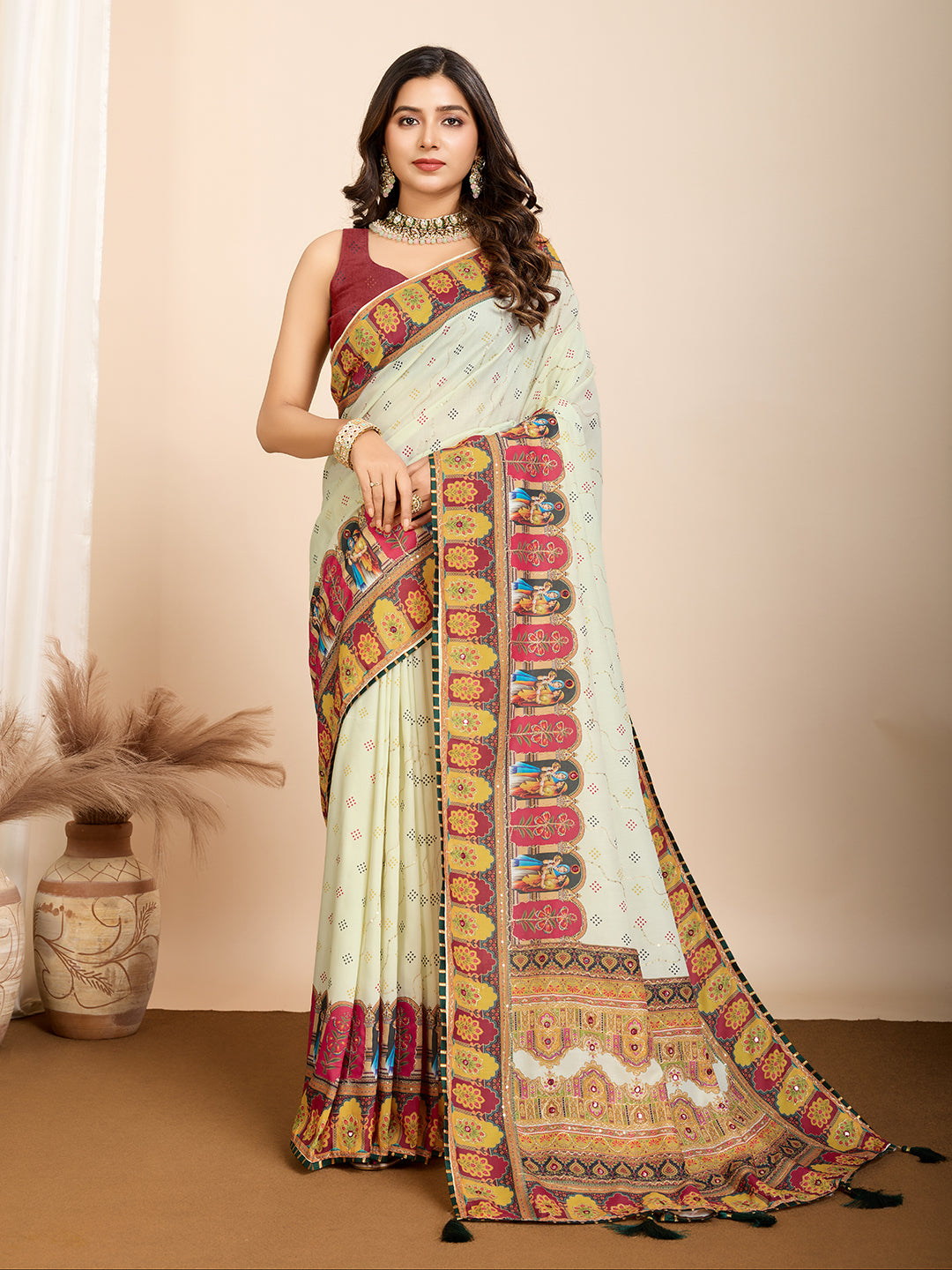 Vedant Vastram Maslin Cotton Digital Printed & Embroidered Work Saree - Beige - Distacart