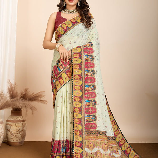 Vedant Vastram Maslin Cotton Digital Printed & Embroidered Work Saree - Beige - Distacart