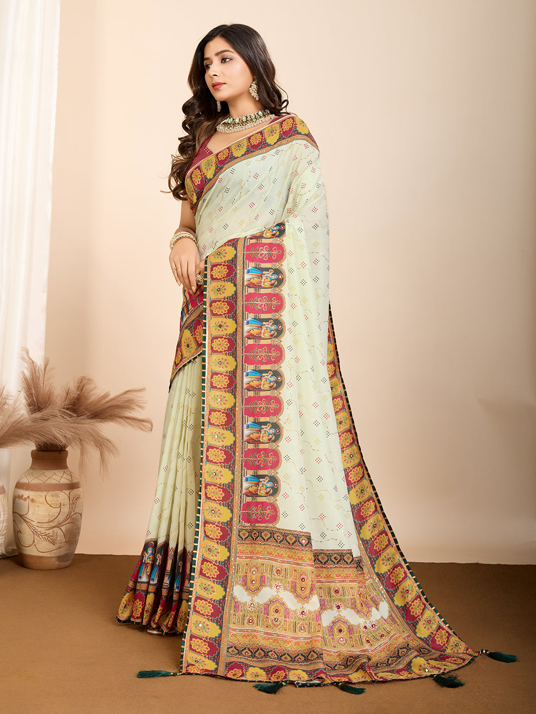 Vedant Vastram Maslin Cotton Digital Printed & Embroidered Work Saree - Beige - Distacart