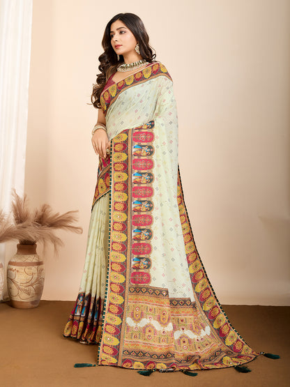 Vedant Vastram Maslin Cotton Digital Printed & Embroidered Work Saree - Beige - Distacart