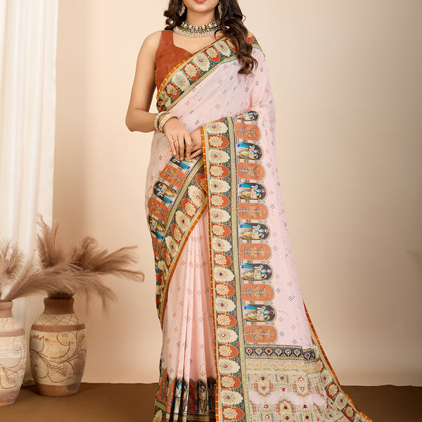 Vedant Vastram Maslin Cotton Digital Printed & Embroidered Work Saree - Orange - Distacart