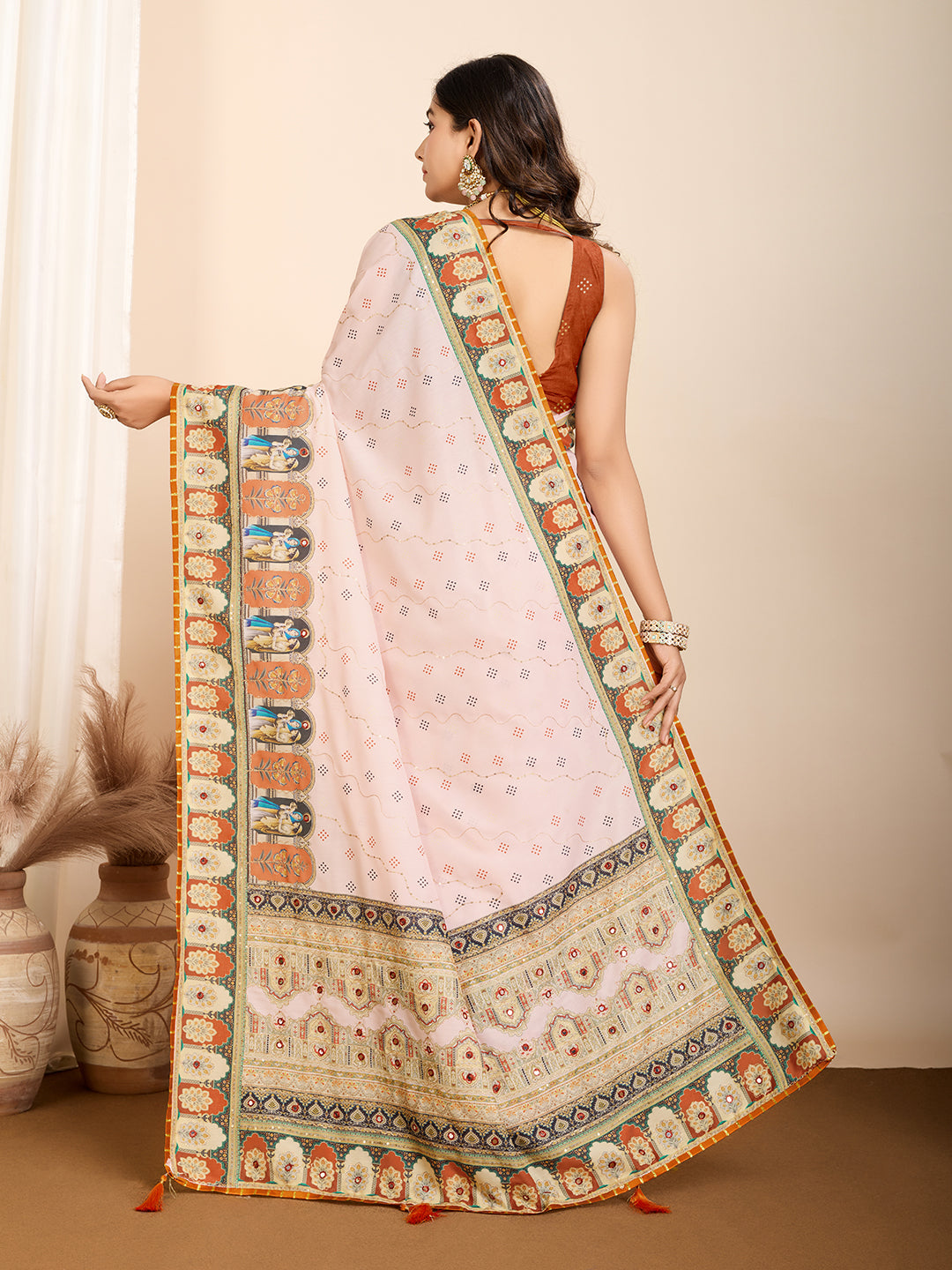 Vedant Vastram Maslin Cotton Digital Printed & Embroidered Work Saree - Orange - Distacart