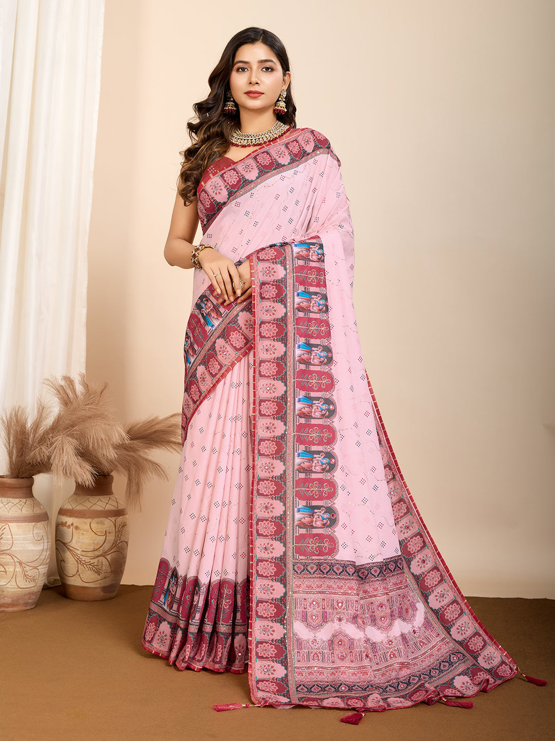 Vedant Vastram Maslin Cotton Digital Printed & Embroidered Work Saree - Pink - Distacart