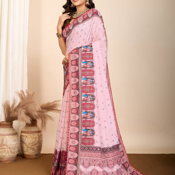 Vedant Vastram Maslin Cotton Digital Printed & Embroidered Work Saree - Pink - Distacart