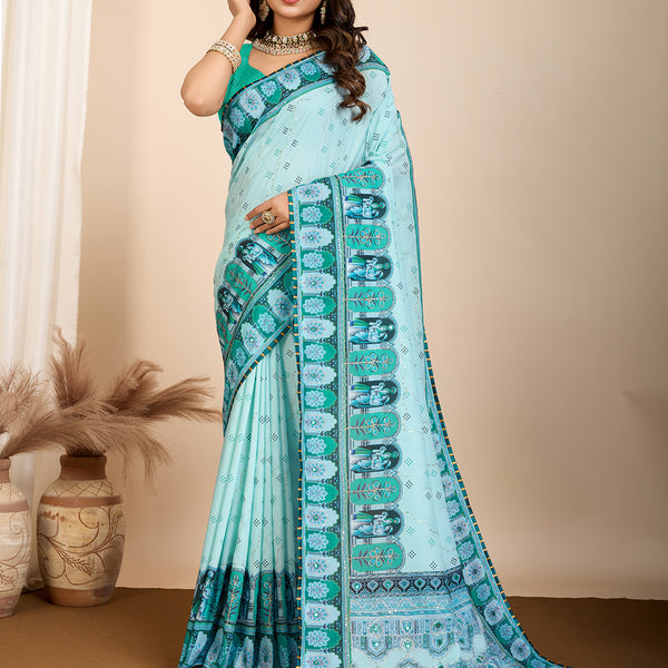 Vedant Vastram Maslin Cotton Digital Printed & Embroidered Work Saree - Turquoise - Distacart