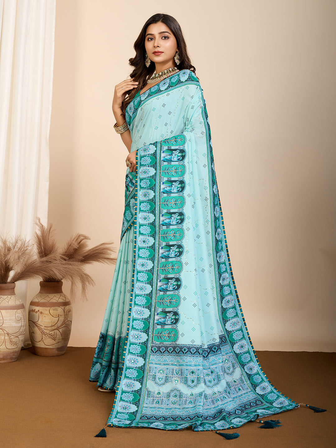 Vedant Vastram Maslin Cotton Digital Printed & Embroidered Work Saree - Turquoise - Distacart