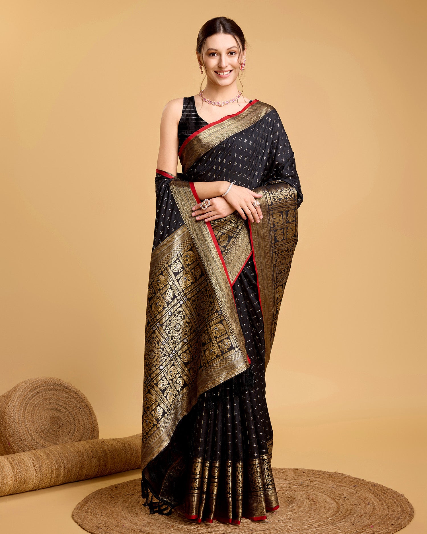 Vedant Vastram Soft Litchi Silk Banarasi Silk Saree - Black - Distacart