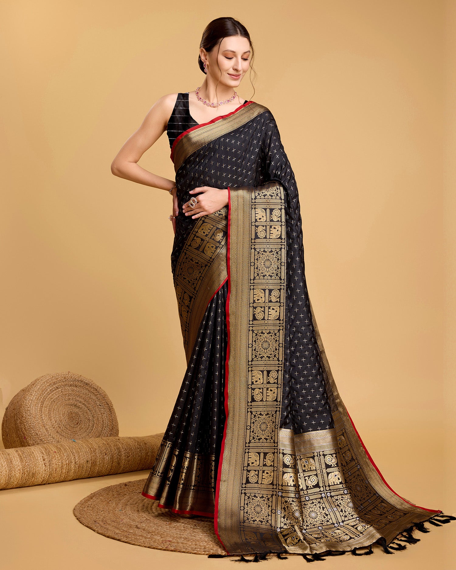 Vedant Vastram Soft Litchi Silk Banarasi Silk Saree - Black - Distacart