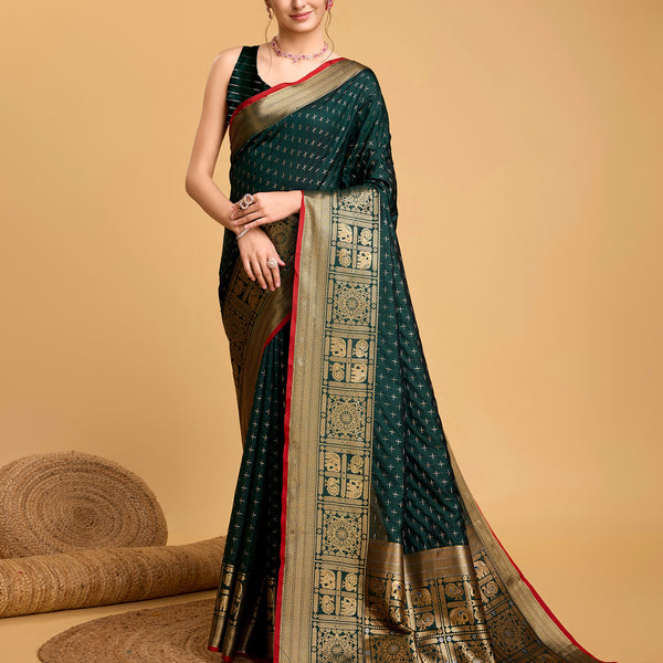 Vedant Vastram Soft Litchi Silk Banarasi Silk Saree - Green - Distacart